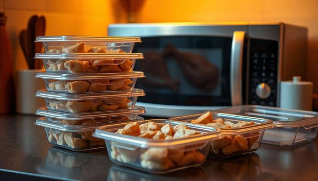 A cozy kitchen counter with a stack of food storage containers, one open and revealing tender chicken pieces. Warm, golden-brown hues from a soft spotlight illuminate the scene, casting gentle shadows. In the background, a microwave oven stands ready, its sleek design hinting at the convenience of reheating. The arrangement conveys the comforting simplicity of storing and reheating a delicious, home-cooked meal.