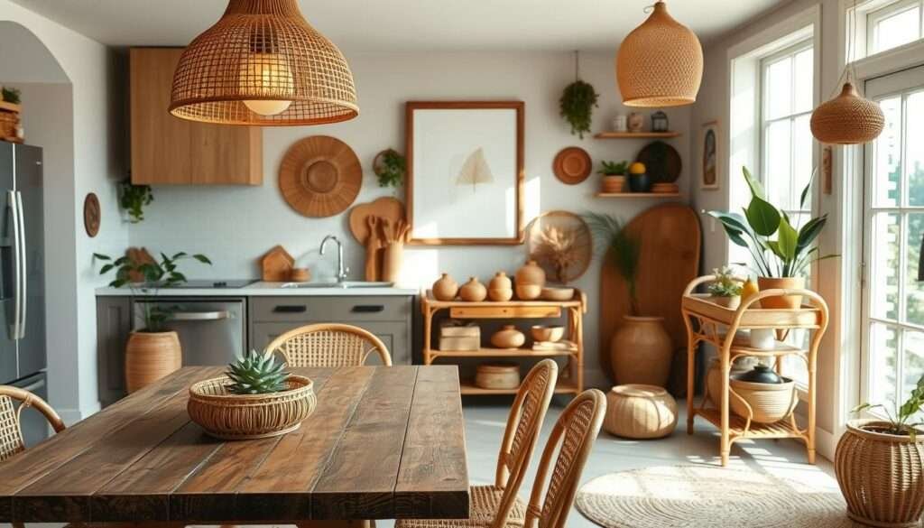 A cozy kitchen filled with natural rattan furniture and decor pieces. In the foreground, a sleek rattan pendant light casts a warm glow over a rustic wooden dining table adorned with a woven rattan centerpiece. In the middle ground, a rattan bar cart displays an array of earthy-toned ceramics and potted plants. The background features rattan-framed artwork, complemented by a textured rattan rug underfoot. The space is bathed in soft, diffused sunlight streaming through large windows, creating a serene and inviting ambiance perfect for effortless boho-inspired kitchen decor.