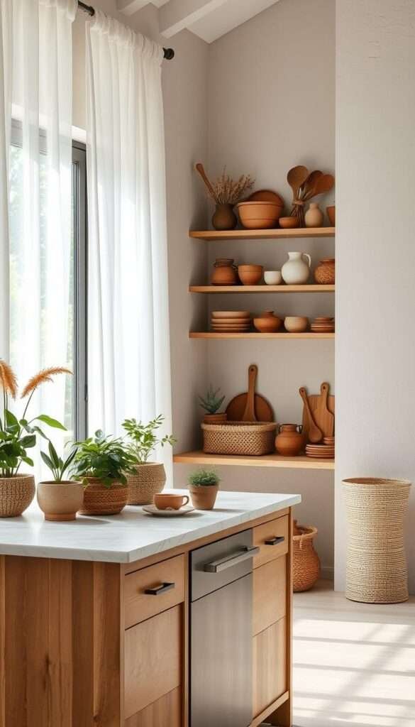 A cozy kitchen interior with natural light filtering through sheer curtains, showcasing a minimalist-boho design aesthetic. In the foreground, a wooden kitchen island with a marble countertop, adorned with a collection of potted plants, woven baskets, and a set of earthenware ceramics. The middle ground features open shelves displaying an eclectic mix of handcrafted pottery, dried florals, and wooden utensils. The background depicts a wall covered in a textured plaster finish, complemented by a large window overlooking a lush, verdant garden. The overall atmosphere radiates a sense of warmth, simplicity, and a connection to nature, embodying the principles of a modern boho-inspired kitchen.