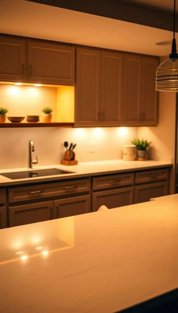 A cozy kitchen lit by warm under-cabinet LED lighting, the soft glow illuminating pristine quartz countertops. The counters reflect the light, creating a soothing ambiance. Subtle shadows play across the surface, adding depth and texture. The lighting casts a gentle, inviting atmosphere, perfect for meal preparation or casual dining. A high-angle perspective captures the full expanse of the countertops, showcasing their sleek, refined appearance. The scene conveys a sense of comfort and tranquility, making the kitchen a welcoming, relaxing space.