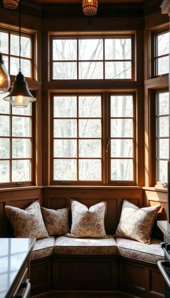 A cozy kitchen nook with built-in banquette seating, framed by large windows that let in abundant natural light. Plush, floral-patterned cushions adorn the bench, inviting one to linger and enjoy a moment of respite. Warm, diffused lighting from pendant fixtures casts a gentle glow, creating a tranquil and intimate atmosphere. The wooden banquette and window frames provide a rustic, yet refined, contrast to the soft textiles. The scene exudes a sense of comfort and relaxation, perfectly capturing the essence of a cozy kitchen sanctuary.