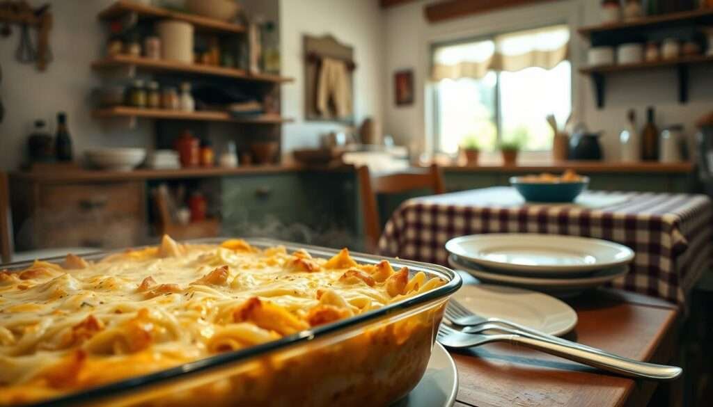 A cozy kitchen scene, filled with the aroma of baked pasta and melted cheese. In the foreground, a steaming casserole dish showcases the creamy, golden-topped Baked Cream Cheese Spaghetti, its texture inviting and its flavors enticing. Beside it, a simple, rustic place setting with a fork and knife, hinting at the satisfying experience to come. In the middle ground, a wooden table with a checkered tablecloth, adding a touch of homespun charm. The background features a sunny window, casting a warm, inviting glow over the scene, and shelves brimming with various spices and cooking essentials, suggesting the care and attention that went into crafting this delightful dish. The overall atmosphere is one of comfort, nourishment, and the joy of sharing a beloved recipe.