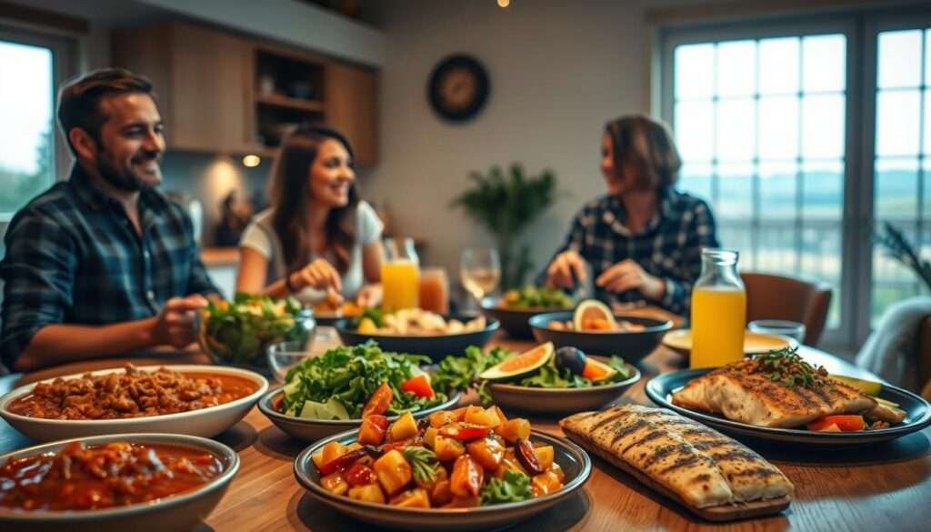 A cozy kitchen scene with a family gathered around a wooden table, enjoying a variety of healthy, freshly prepared meals. In the foreground, a variety of colorful dishes are arranged, including a hearty stew, a crisp salad, and a plate of grilled fish with roasted vegetables. The middle ground features the family members, their faces lit by warm, soft lighting, engaged in lively conversation. In the background, a large window offers a glimpse of a serene, natural landscape, creating a calming and inviting atmosphere. The overall scene conveys a sense of comfort, nourishment, and quality time spent together, reflecting the theme of "Healthy Family Meals Ready in Less than 30 Minutes."