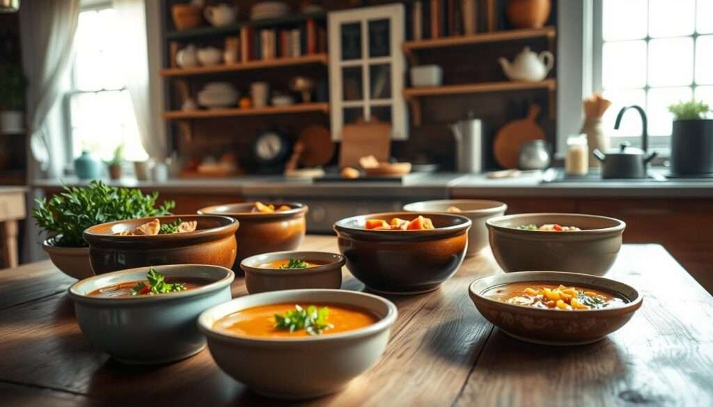 A cozy kitchen scene with a wooden table in the foreground, featuring a selection of hearty soups in ceramic bowls. In the middle ground, a warm, rustic atmosphere with natural lighting filtering through large windows, casting a soft glow. In the background, glimpses of a well-stocked pantry and shelves filled with cookbooks and kitchen essentials. The scene evokes a sense of comfort and homemade goodness, perfect for a family-friendly dinner. The composition is balanced, with the soups as the central focus, surrounded by details that suggest a nurturing, homely environment.
