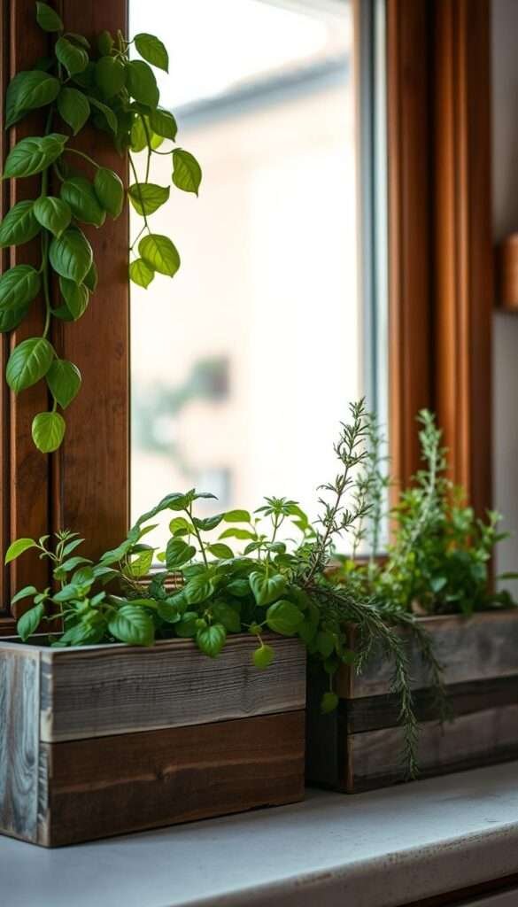A cozy kitchen windowsill herb garden set against a backdrop of weathered, reclaimed wood planter boxes. Vibrant green leaves of basil, thyme, and rosemary cascade over the rustic wooden edges, adding a fresh, lively touch. Soft natural light filters through the window, casting a warm, inviting glow on the scene. The arrangement is artfully composed, with the plants and planters occupying the foreground, drawing the eye inward. The background is slightly blurred, hinting at the kitchen interior beyond, creating a sense of depth and intimacy. An image that evokes a sense of homeliness, simplicity, and the joys of nurturing plants in a small urban space.