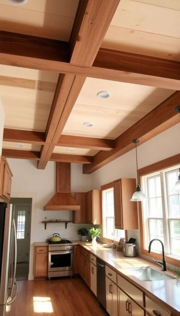 A cozy kitchen with a rustic, farmhouse-inspired ceiling. Warm, natural light filters in through large windows, casting a soft glow on the exposed DIY faux wood beams that elegantly traverse the space. The beams, crafted from high-quality wood planks, add depth and character to the room, enhancing the overall farmhouse aesthetic. Subtle distressing and a matte finish give the beams an authentic, aged appearance, seamlessly blending with the kitchen's other design elements. The beams draw the eye upward, creating an inviting and visually interesting focal point that elevates the entire space.