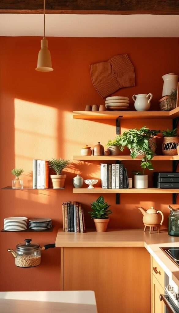 A cozy kitchen with warm terracotta-hued walls, complemented by open wooden shelves that showcase various kitchen essentials. The space is bathed in soft, natural lighting, creating a inviting and calming ambiance. The wooden shelves are arranged artfully, displaying a mix of cookbooks, potted plants, and decorative pieces. The overall aesthetic evokes a rustic, yet refined feel, perfect for a charming, lived-in kitchen. The composition emphasizes the harmonious interplay of the earthy wall tones and the natural wood tones, creating a cohesive and visually pleasing scene.