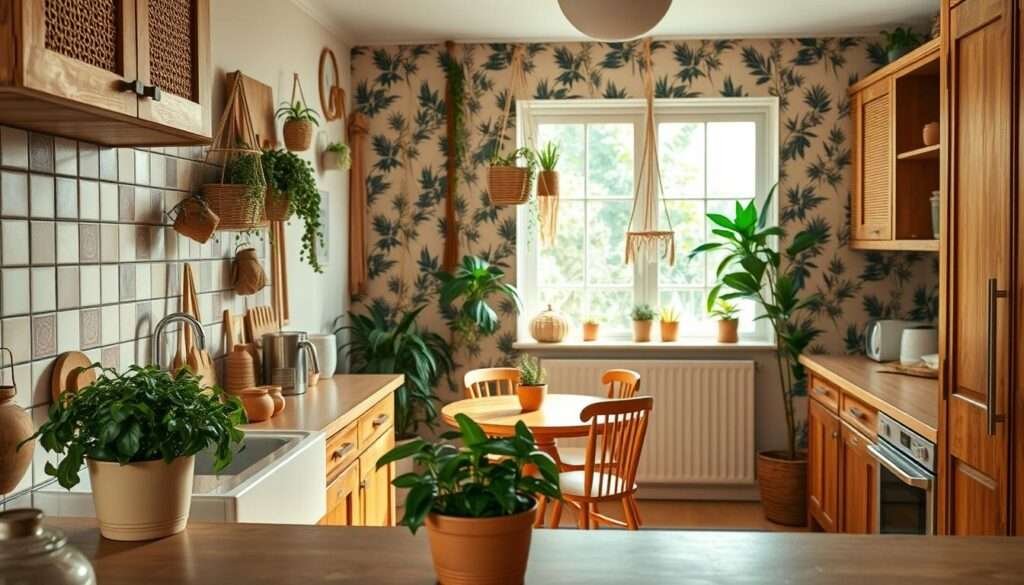 A cozy, light-filled boho kitchen with rustic wood cabinets, a farmhouse sink, and natural rattan accents. In the foreground, a vintage-inspired tiled backsplash creates a focal point, while a lush potted plant and a collection of earthenware mugs lend a relaxed, homey vibe. The middle ground features a small, round wooden dining table with mismatched chairs, surrounded by hanging plants and macrame wall hangings. The background showcases a large window that floods the space with warm, diffused natural light, and a vibrant, botanical-themed wallpaper adds a touch of whimsy. The overall mood is one of casual elegance, inviting creativity and easy living.