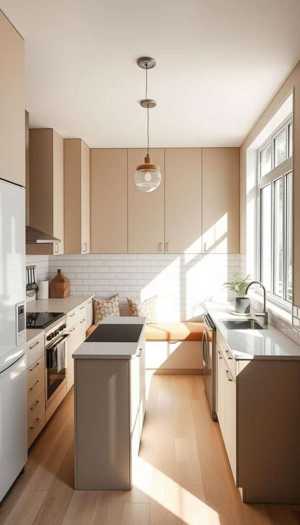 A cozy, light-filled kitchen with sleek, modern cabinetry and appliances, transforming a compact space into a sophisticated culinary oasis. Sunlight streams through large windows, illuminating a central island with a built-in induction cooktop and ample countertop space. Minimalist pendant lights cast a warm glow, while a small dining nook with a cozy bench offers a place to savor meals. Crisp, white tiles line the backsplash, complementing the pale, wood-tone flooring. Carefully selected, space-saving appliances, including a compact oven and refrigerator, maximize the efficiency of this dream compact kitchen.
