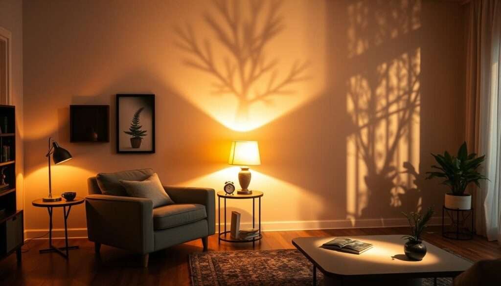 A cozy living room bathed in a warm, ambient glow. Soft, task-oriented lighting accents key areas - a reading nook with a plush armchair, a side table with a table lamp, and a coffee table with a subtle uplighting effect. Intricate shadows dance across the walls, creating a tranquil, intimate atmosphere. The lighting is precisely angled, casting a gentle, diffused light that envelops the space. Hardwood floors, plush textiles, and a hint of greenery complete the inviting scene, evoking a sense of comfort and relaxation. The overall effect is one of a harmonious, layered lighting design that elevates the mood and functionality of the living room.