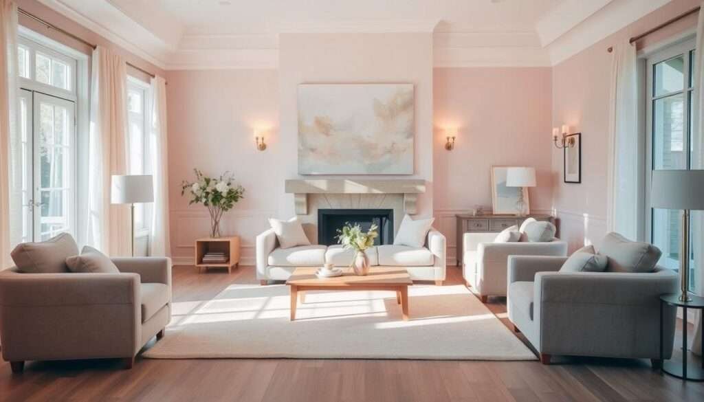 A cozy living room bathed in soft, pastel hues. The walls are painted in a gentle blush tone, complemented by light, airy curtains that filter the natural sunlight streaming in through large windows. In the center of the room, a plush, dove-gray sofa invites relaxation, flanked by two matching armchairs upholstered in a pale, muted pink. A low, wooden coffee table sits atop a delicate, ivory-colored rug, while a large, pastel-toned abstract painting hangs above the fireplace, casting a warm glow throughout the space. Subtle, ambient lighting from table lamps and wall sconces creates a serene, tranquil atmosphere, perfect for unwinding and enjoying the gentle, grown-up charm of this cozy living room.