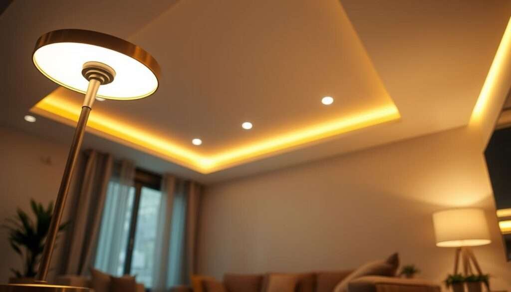 A cozy living room bathed in the soft glow of smart lighting fixtures. In the foreground, a sleek, minimalist table lamp with adjustable color temperature and brightness, casting a warm, ambient light. In the middle ground, recessed ceiling lights seamlessly integrated into the room's design, creating a balanced, uniform illumination. The background features a smart light strip wrapped around the perimeter, adding subtle, programmable accent lighting to enhance the overall atmosphere. The room exudes a sense of relaxation and control, with the occupant easily managing the lighting scenes and ambiance through a mobile app or voice commands.