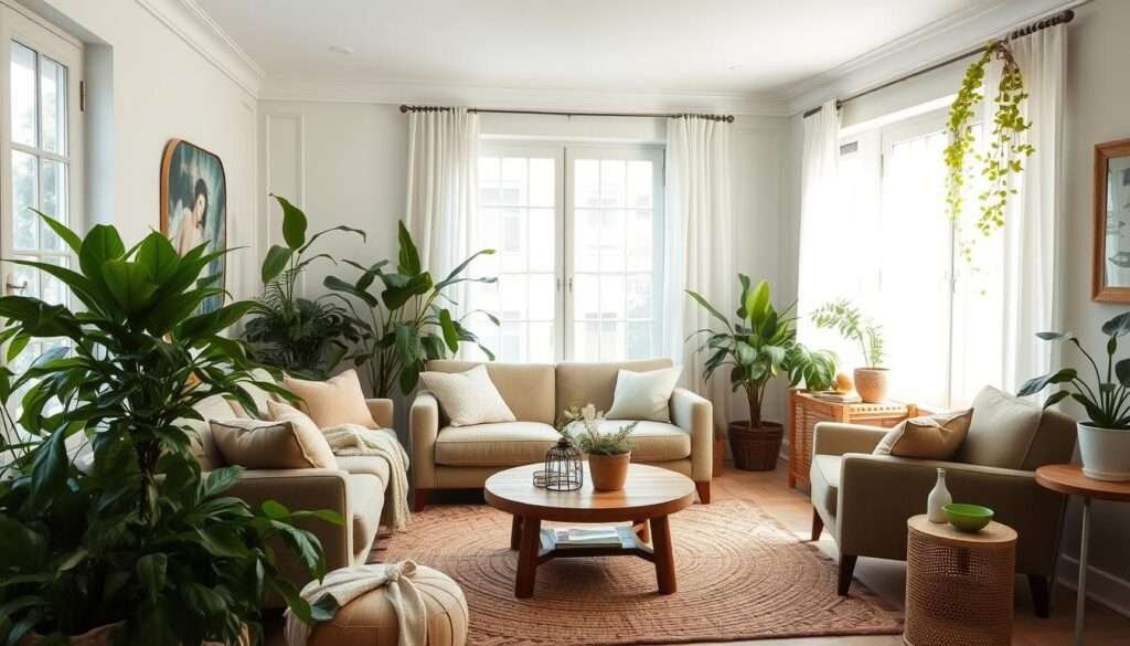 A cozy living room bathed in the soothing hues of green and sage. Lush, verdant plants adorn the space, their vibrant foliage casting a gentle, natural glow. Plush, earthy-toned furniture, including a comfortable sofa and armchair, invites relaxation. Soft, diffused light filters in through large windows, creating a serene and tranquil ambiance. Wooden accents, such as a coffee table and side tables, add warmth and texture, while intricate woven rugs anchor the space. The overall atmosphere is one of calm, rejuvenation, and a harmonious blend of nature's most popular living room color scheme.