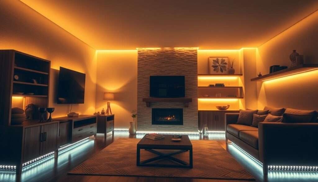 A cozy living room bathed in the warm, ambient glow of LED strips installed along the baseboards and shelves. The strips emit a soft, diffused light that creates a welcoming, intimate atmosphere. The light reflects off the wooden furniture and textured walls, casting gentle shadows and highlights that add depth and character to the space. The layout is carefully considered, with the LED strips strategically placed to illuminate key areas and architectural features, such as a fireplace or a wall of built-in bookcases. The overall effect is a harmonious, soothing environment that invites relaxation and comfort.