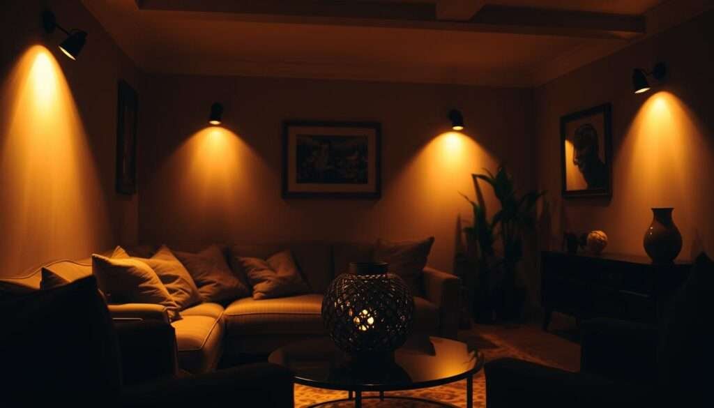 A cozy living room bathed in the warm glow of accent lighting. Soft spotlights illuminate a centerpiece decor item, casting dramatic shadows and highlighting its intricate textures. The lighting is angled to create depth and visual interest, with some areas in shadow to provide contrast. The overall mood is intimate and inviting, drawing the eye to the focal point while maintaining a sense of atmosphere and ambiance throughout the space. The lighting is precise, creating a harmonious blend of illumination and shadow that elevates the room's aesthetic.