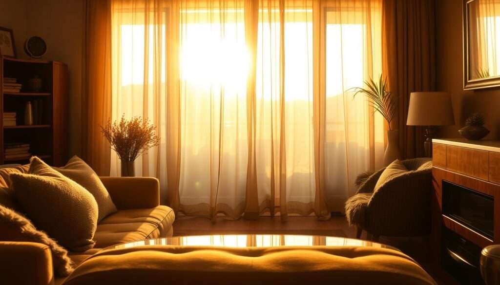 A cozy living room bathed in the warm glow of golden hour sunlight, sheer curtains gently billowing in the breeze. The light filters through the delicate fabric, casting a soft, diffused illumination over the room. Plush textures, reflective surfaces, and earthy tones create an inviting, tranquil atmosphere. A serene, intimate scene, perfect for a moment of relaxation.