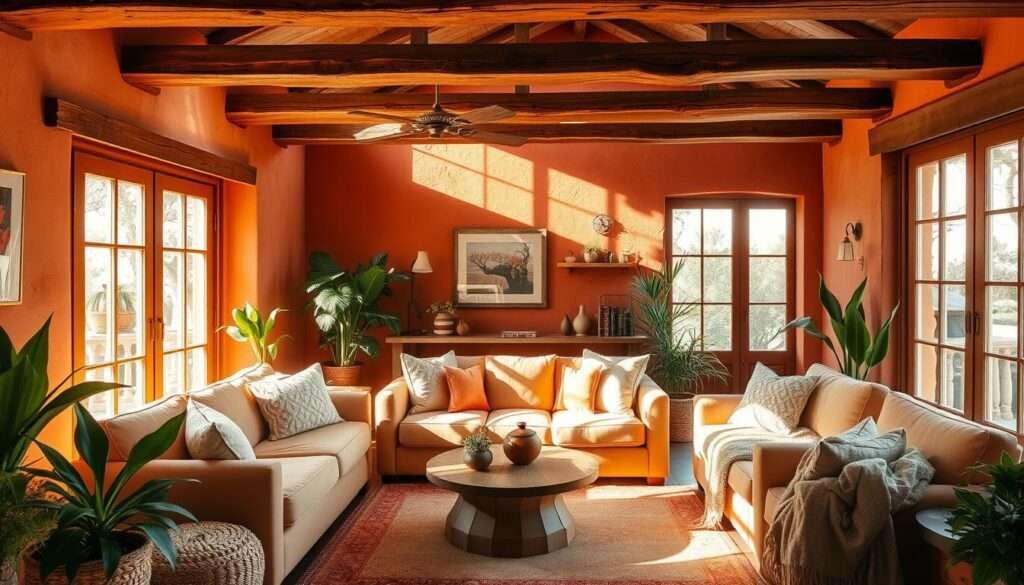 A cozy living room bathed in warm, golden light, featuring a plush peach-colored sofa, complemented by rustic terracotta walls and accents. Wooden beams and natural textures add depth and character, creating a sun-warmed, inviting atmosphere. Lush plants and soft, textured throw pillows adorn the space, blending seamlessly with the earthy, organic palette. Hints of rich, rusty reds throughout the room add depth and visual interest, while large windows flood the space with natural illumination, casting a peaceful, soothing glow. The room's layout is open and airy, with a focus on comfort and relaxation, inviting the viewer to sink in and unwind.