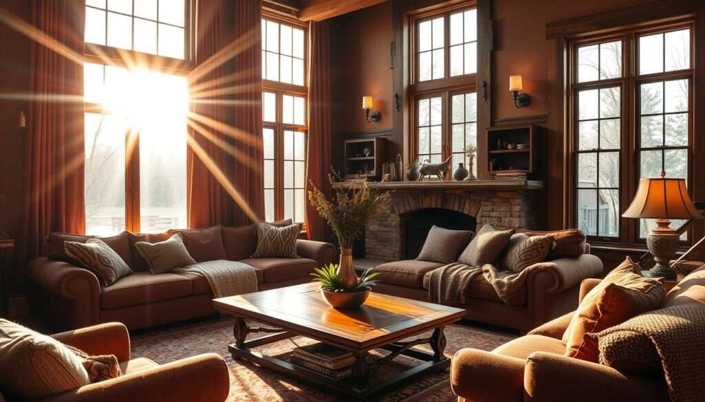 A cozy living room bathed in warm, golden light streaming through large windows. Plush, inviting furniture in earthy tones of rust, burgundy, and taupe creating a rich, welcoming ambiance. Soft, textured rugs and throws adding depth and tactility. Burnished metal accents and wooden elements bringing natural, rustic charm. Indirect lighting from lamps and sconces casting a gentle glow, complementing the natural daylight. An overall sense of comfort, coziness, and relaxation permeating the space.
