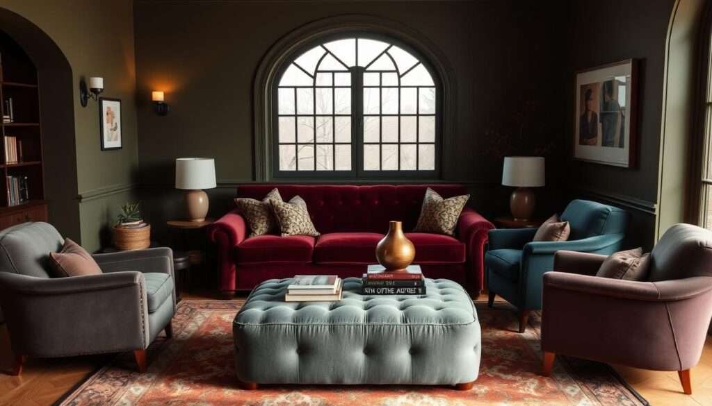 A cozy living room bathed in warm, moody hues. A plush velvet sofa in a rich burgundy hue takes center stage, complemented by a pair of armchairs in a deep navy blue. The walls are painted in a muted olive green, creating a cocoon-like ambiance. A large, tufted ottoman in a smoky gray anchors the space, topped with a carefully curated assortment of leather-bound books and a sculptural brass lamp. Soft, diffused lighting from a pair of sconces casts a gentle glow, while a large, arched window allows natural light to filter in, illuminating the room's textural elements. Underfoot, a vintage-inspired area rug in shades of rust and ochre ties the color palette together, evoking a sense of timelessness and comfort.