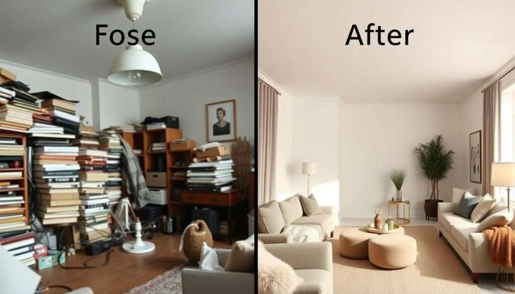 A cozy living room before and after decluttering. The before scene shows a cluttered space with stacks of books, scattered trinkets, and tangled cords visible. The after scene depicts a serene, minimalist space with clean lines, neutral tones, and intentional decor. Warm, diffused lighting from a central pendant fixture and floor lamps casts a calming glow. The camera captures the room at a low angle, emphasizing the open, airy feel of the decluttered space. Plush, earthy-toned furnishings and textiles create an inviting, hygge-inspired atmosphere. The overall mood is one of tranquility and simplicity.