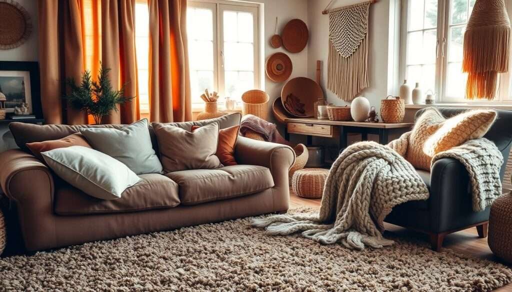 A cozy living room filled with a plush, inviting array of textiles. In the foreground, a richly textured area rug in earthy tones anchors the space. Soft, oversized throw pillows in velvet and wool nestle into a deep, sumptuous sofa. Flowing curtains of lush, heavyweight fabric frame the windows, filtering warm, golden light. In the middle ground, a chunky knit blanket drapes over an armchair, beckoning for a cozy afternoon read. The background features a mix of natural fibers, from woven baskets to a macrame wall hanging, creating a layered, organic ambiance. The overall scene evokes a sense of comfort, relaxation, and hygge.
