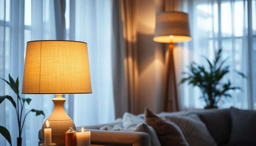 A cozy living room filled with a variety of soft, warm lighting sources. In the foreground, a table lamp with a beige linen shade casts a gentle glow, complemented by the flickering flame of a candle on the side table. In the middle ground, a floor lamp with a woven rattan shade illuminates the corner, creating a cozy ambiance. The background features a large window that lets in diffused natural light, casting a soft, ethereal atmosphere. The overall scene evokes a sense of comfort and relaxation, with the lighting elements working together to create a harmonious and inviting space.