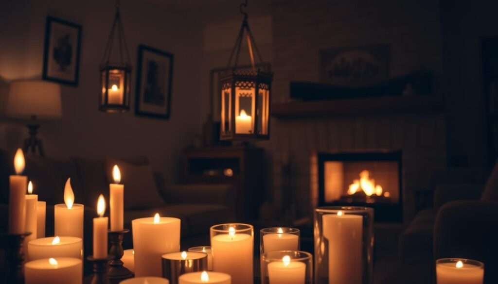 A cozy living room filled with a warm, inviting glow. In the foreground, a collection of flickering candles in various shapes and sizes illuminate the space, casting gentle shadows across the walls. In the middle ground, hanging lanterns with faux flames sway softly, their soft light reflecting off the wood and fabric textures. In the background, a fireplace crackles, adding to the overall sense of tranquility and comfort. The lighting is soft and diffused, creating a serene and intimate atmosphere perfect for relaxation and conversation.