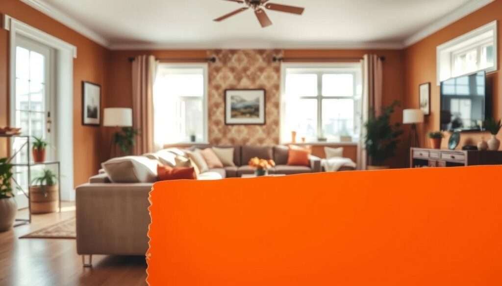 A cozy living room filled with warm, earthy tones. In the foreground, a vibrant paint swatch showcases a rich, inviting hue, casting a soft glow across the scene. The middle ground features a peel-and-stick accent wall, its pattern adding depth and texture to the space. In the background, natural light streams through large windows, illuminating the room and highlighting the calming color palette. The overall atmosphere is one of comfort and coziness, inviting the viewer to imagine themselves nestled in this serene, budget-friendly living space.