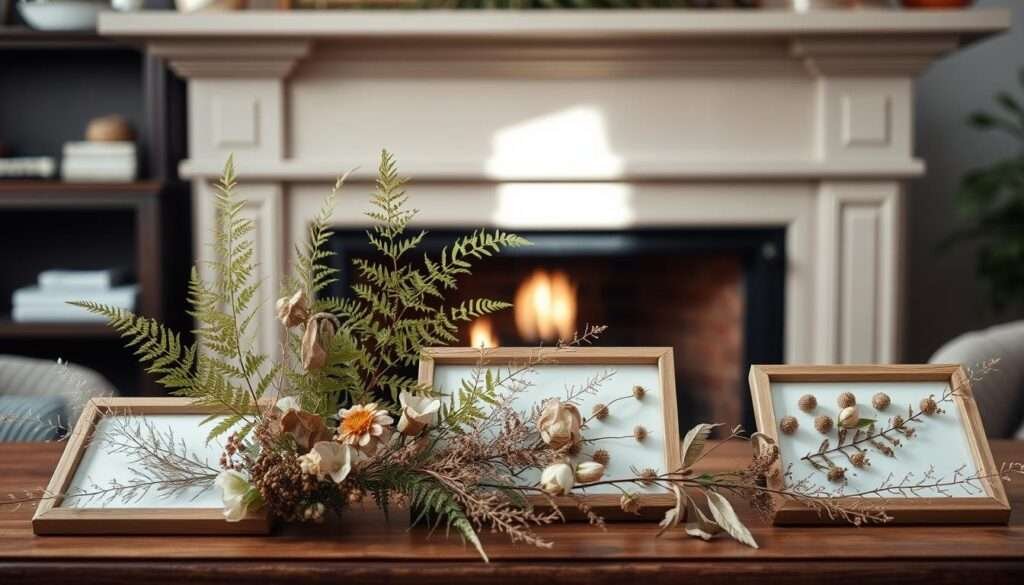 A cozy living room fireplace with a mantel adorned with pressed botanicals. In the foreground, an arrangement of delicate ferns, dried flowers, and leaves meticulously pressed and displayed in simple wooden frames. The middle ground features a warm, soft light filtering in, casting a gentle glow on the natural textures. In the background, the fireplace surround in neutral tones provides a minimalist backdrop, allowing the botanical artwork to take center stage. The overall atmosphere is one of serene elegance, inviting the viewer to pause and appreciate the beauty of nature's ephemeral treasures.