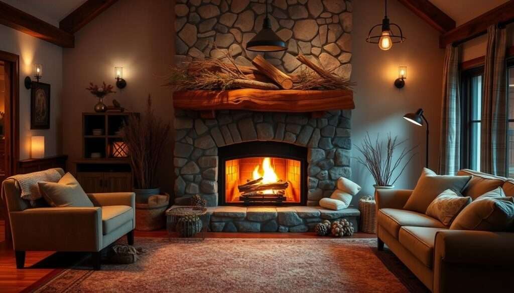 A cozy living room fireplace with a warm, inviting ambiance. The fireplace is the central focus, surrounded by a rustic stone mantel and adorned with an arrangement of natural logs, twigs, and pine cones. Soft, diffused lighting from wall sconces and a pendant fixture casts a gentle glow, creating a serene and atmospheric environment. The room features wooden floors, plush area rugs, and comfortable seating arrangements, inviting the viewer to settle in and bask in the comforting embrace of the crackling fire. The overall mood is one of relaxation, contentment, and the simple pleasures of a well-designed, nature-inspired living space.