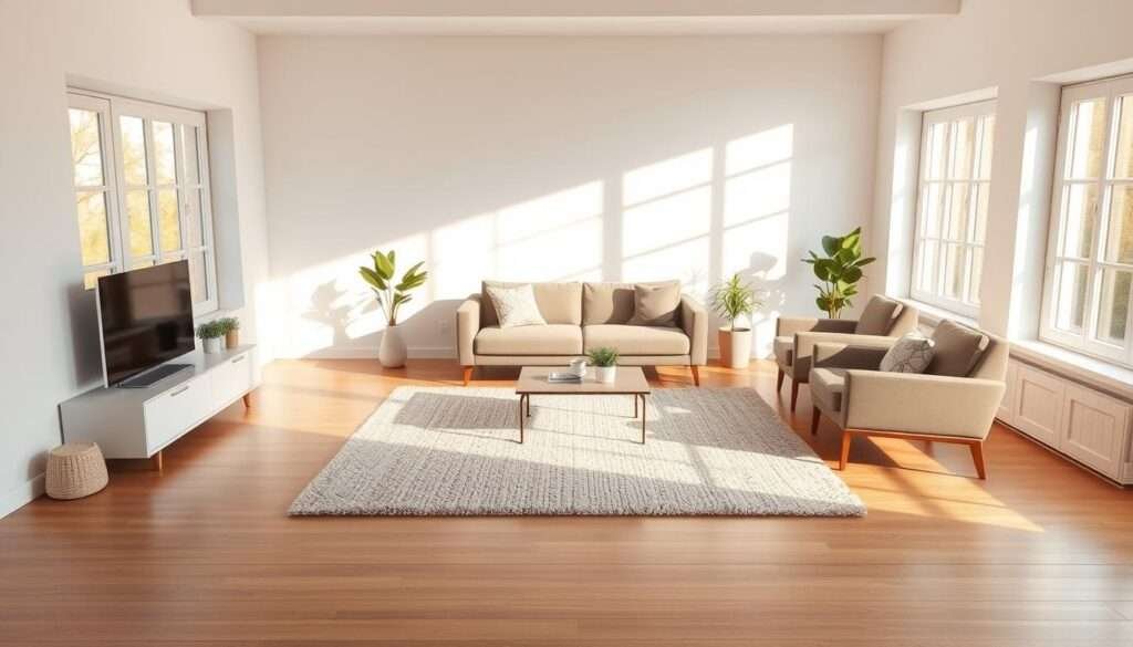 A cozy living room floor plan with a minimalist, Scandinavian-inspired layout. The room is flooded with natural light from large windows, casting a warm, soft glow. The hardwood floors are clean and uncluttered, with a plush, neutral-toned area rug anchoring the space. A modern, low-profile sofa sits atop the rug, accompanied by two matching armchairs arranged in a conversational layout. A small, sleek coffee table and a few potted plants add touches of greenery, creating a serene and inviting atmosphere. The overall design allows the room to breathe, with ample negative space that emphasizes the openness and flow of the layout.