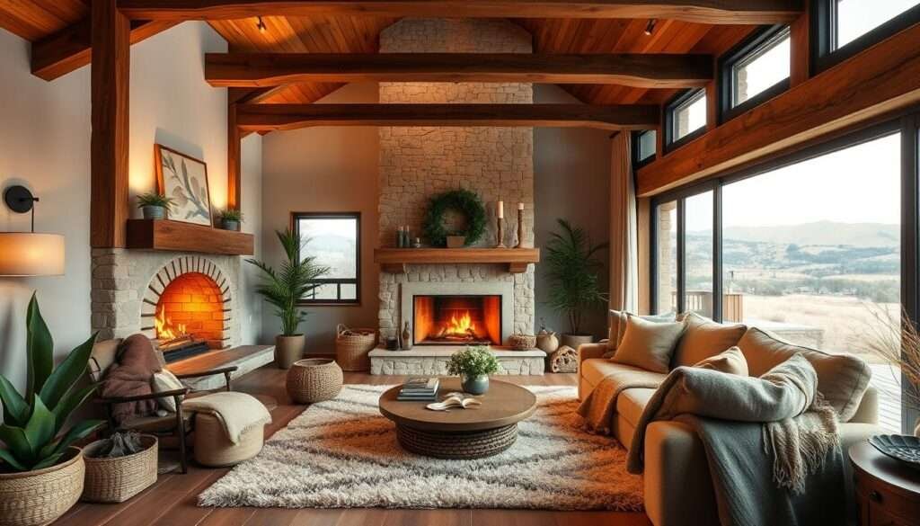 A cozy living room in a modern rustic style, with warm wooden beams, large stone fireplace, and plush, earthy-toned furnishings. Soft, diffused lighting illuminates the space, casting a comforting glow. Lush, textured rugs and throw blankets add to the inviting ambiance. Potted plants and natural decor elements, such as woven baskets and driftwood, create a harmonious, nature-inspired atmosphere. The room has an expansive window overlooking a scenic landscape, blending the indoors and outdoors. Overall, a harmonious, soothing space that evokes a sense of comfort and relaxation.