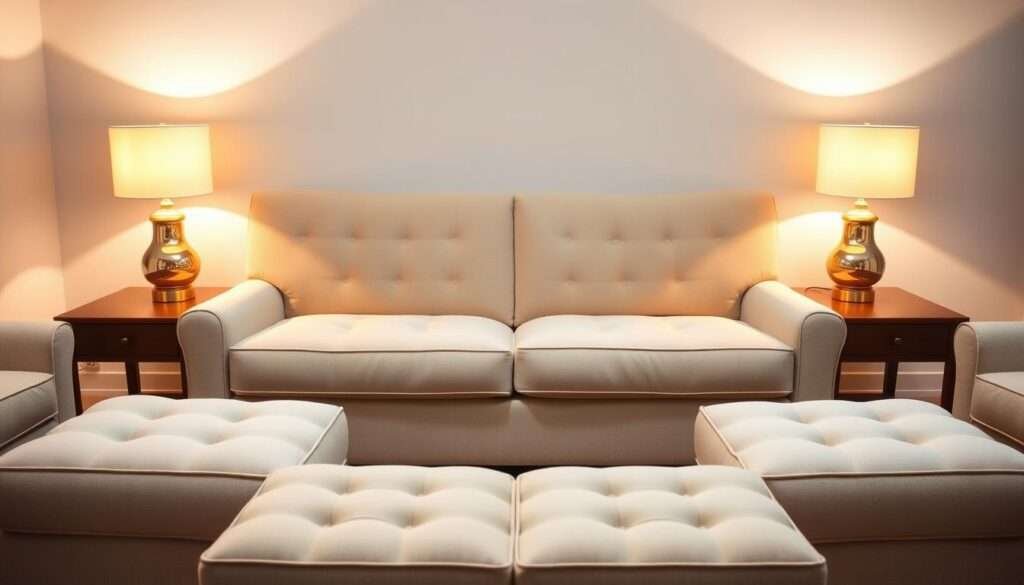 A cozy living room scene with a plush, neutral-toned sofa flanked by two identical table lamps, each with a cylindrical glass shade casting a warm glow. Two matching ottomans sit in front of the sofa, creating a symmetrical, balanced layout. Soft, indirect lighting illuminates the space, creating a inviting and comfortable atmosphere. The scene is captured from a slightly elevated, frontal angle, showcasing the arrangement of furniture and accessories in a visually appealing manner.