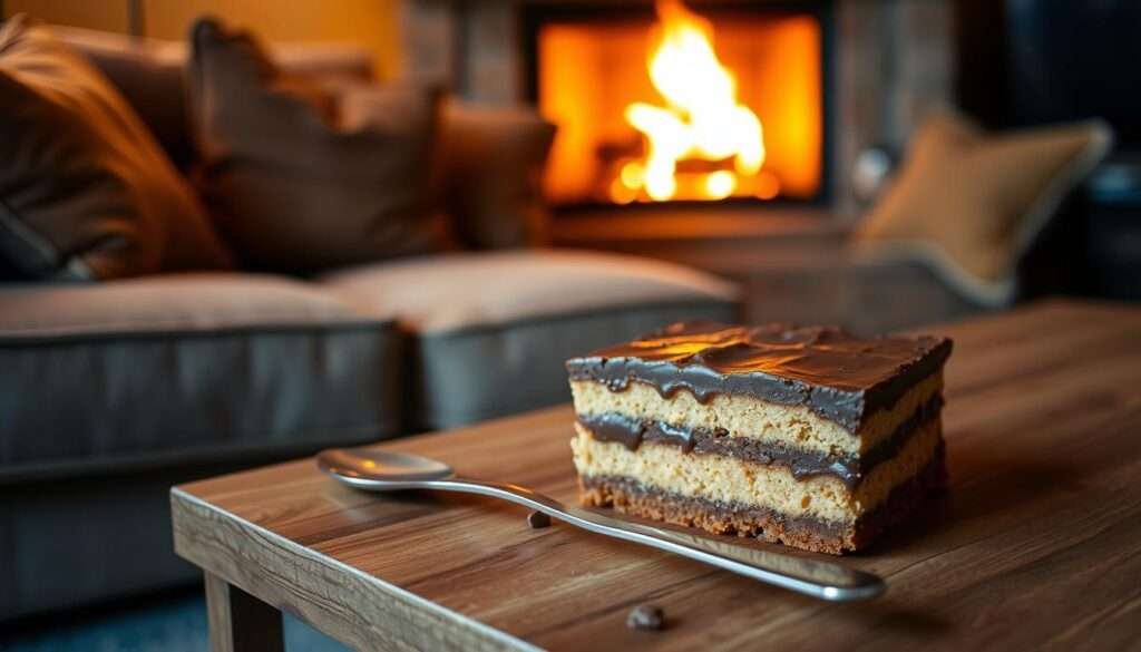 A cozy living room setting, with a plush velvet sofa and a warm fireplace in the background. On a wooden coffee table, a delectable peanut butter cup dessert sits invitingly, its layers of moist cake, rich peanut butter, and decadent chocolate glistening under soft, ambient lighting. A single, elegant dessert spoon rests beside the dish, beckoning the viewer to indulge. The atmosphere is one of comfort and indulgence, perfect for a cozy movie night or a casual potluck gathering.