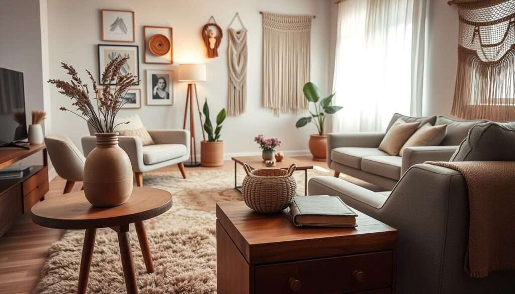 A cozy living room showcases a harmonious blend of minimalist and boho-inspired decor. In the foreground, a wooden side table displays an assortment of personal trinkets, including a hand-woven basket, a ceramic vase with dried flowers, and a leather-bound journal. A plush, earthy-toned area rug anchors the space, while mid-century modern furniture, such as a sleek sofa and armchair, provide a minimalist foundation. The walls are adorned with a mix of framed artworks, macramé wall hangings, and a woven tapestry, creating a unique and inviting ambiance. Warm, diffused lighting from a floor lamp and natural sunlight filtering through sheer curtains set a serene and relaxed mood.