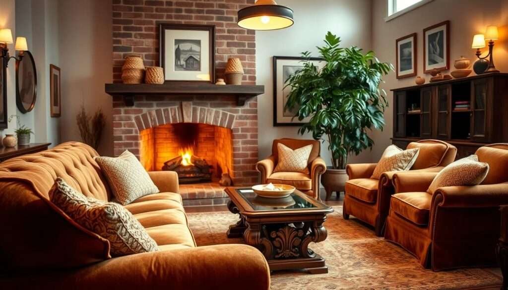 A cozy living room vignette with plush, textured fabrics in warm, earthy tones. In the foreground, a deep, overstuffed sofa with velvet upholstery and tufted detailing invites relaxation. Beside it, an antique coffee table with a carved wooden base and a glass top reflects the soft, ambient lighting. In the middle ground, a pair of armchairs with sumptuous, chenille-blend cushions flank a large, potted plant, its lush greenery adding a natural, organic element. The background features a brick fireplace with a mantel adorned with woven baskets and framed artwork, casting a gentle, golden glow throughout the space. Soft, diffused lighting from hidden sconces and a hanging pendant fixture creates a cozy, intimate atmosphere.