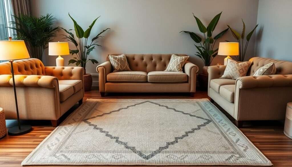 A cozy living room with a beautifully placed area rug. The rug, in a soft neutral tone, is centered in the room, its scale proportionate to the furniture arrangement. Plush, tufted armchairs and a deep, inviting sofa frame the rug, creating a cohesive, symmetrical layout. Warm lighting from a pair of floor lamps cast a gentle glow, highlighting the rug's intricate, textural pattern. The room's neutral palette is accented by lush, verdant houseplants, adding pops of vibrant greenery. Overall, the scene exudes a sense of comfort and relaxation, the rug anchoring the space and drawing the eye into the inviting seating area.