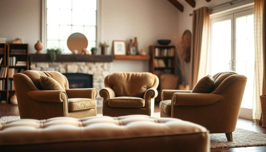 A cozy living room with a comfortable seating arrangement in the foreground. Three overstuffed armchairs with plush cushions and curved backs, upholstered in warm, earthy tones - perhaps a deep olive green or rich rust. The chairs are positioned in a semi-circle, inviting conversation and relaxation. Soft, diffused lighting filters in from a large window, casting a gentle glow and creating a sense of tranquility. The background is hazy, with hints of bookshelves, a fireplace, and other cozy accents that complement the serene, enveloping atmosphere. Composition is balanced, with the chairs as the focal point, drawing the eye inward to a space that promises comfort and rejuvenation.