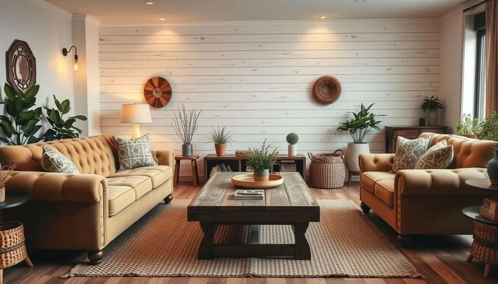 A cozy living room with a farmhouse-inspired sofa configuration. In the foreground, a plush, tufted sofa in a warm, neutral hue sits invitingly, complemented by two matching armchairs arranged in a conversational layout. The middle ground features a rustic wooden coffee table, surrounded by woven textiles and natural accents, such as potted plants and a woven area rug. The background showcases a wall adorned with shiplap paneling, creating a charming, rustic ambiance. The lighting is soft and warm, with a mix of natural daylight and subtle, ambient lighting fixtures, evoking a welcoming and relaxed atmosphere perfect for a small or large farmhouse-style living space.