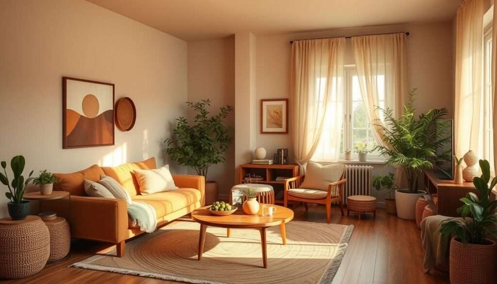 A cozy living room with a harmonious color palette, showcasing a serene and inviting atmosphere. Soft, earthy tones like terracotta, mustard, and sage green create a warm and grounded ambiance, complemented by natural textures like woven rugs, wooden furniture, and lush greenery. Gentle, diffused lighting casts a golden glow, highlighting the room's depth and texture. The arrangement of furniture and decor elements suggests a sense of balance and purposeful curation, inviting the viewer to imagine themselves relaxing in this tranquil, yet stylish, living space.
