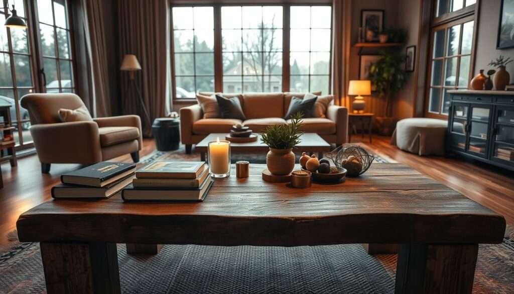 A cozy living room with a large, rustic coffee table in the foreground. The table is styled with a mix of decorative elements, including a stack of books, a candle, a potted plant, and a few small, artisanal trinkets. Warm, soft lighting illuminates the scene, creating a inviting and intimate atmosphere. In the middle ground, a pair of comfortable armchairs and a plush sofa surround the coffee table, inviting visitors to sit and relax. The background features large, floor-to-ceiling windows that let in natural light, providing a sense of openness and connection to the outdoors. The overall vibe is one of a lived-in, welcoming space, perfect for enjoying a cup of coffee and good conversation.