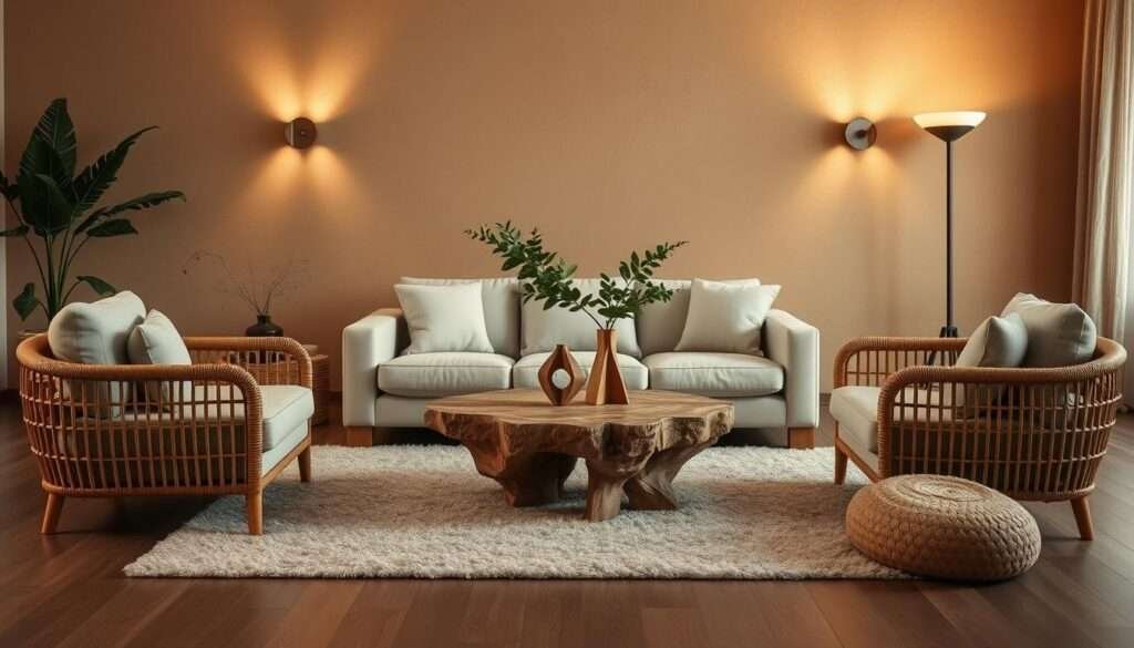 A cozy living room with a minimalist aesthetic, filled with natural textures and warm lighting. In the foreground, a plush area rug with a subtle pattern anchors the space, while a low-profile sofa with soft, neutral upholstery takes center stage. Flanking the sofa, two armchairs with woven rattan frames and plump cushions create an inviting seating arrangement. The middle ground features a wooden coffee table with a rough, textured surface, complemented by a simple, geometric vase filled with lush greenery. In the background, a wall with a textured, matte finish in a warm, earthy tone serves as a calming backdrop, illuminated by soft, diffused lighting from sconces or a floor lamp. The overall mood is one of understated elegance and comfort, with a focus on natural materials and minimal, yet thoughtful, styling.