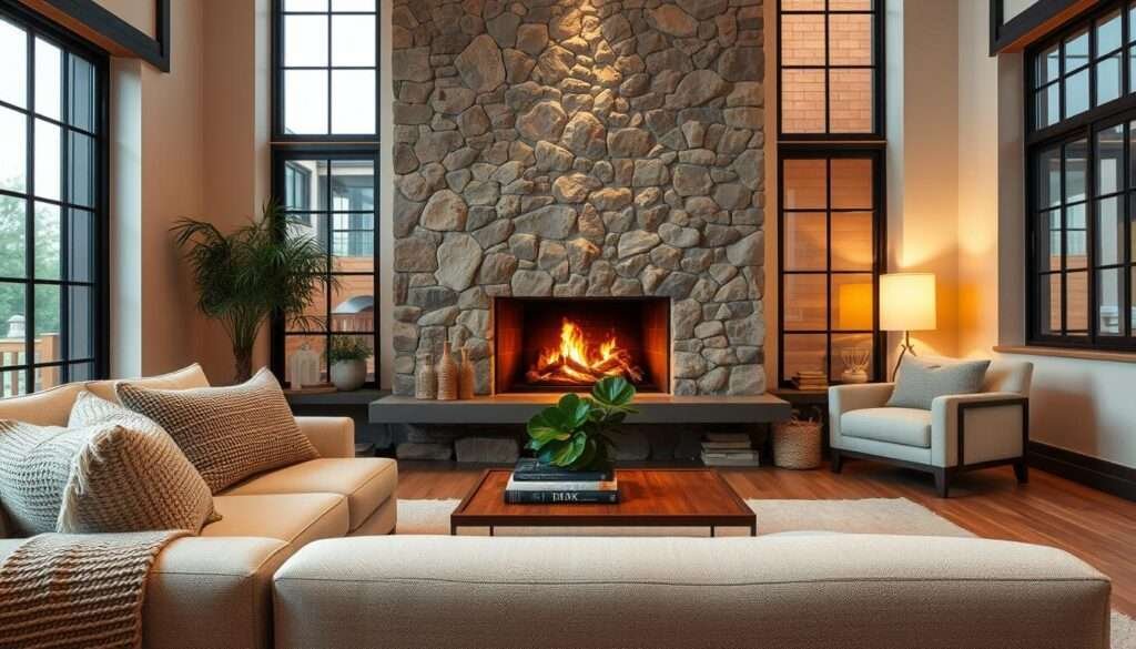 A cozy living room with a modern rustic charm. In the foreground, a plush, neutral-toned sofa adorned with textured throw pillows and a warm, woven blanket. Positioned in the middle, a low, wooden coffee table with a sleek, minimalist design, topped with a lush, green potted plant and a few stacked books. Behind, a feature wall showcases a stunning, natural stone fireplace, its crackling flames casting a soft, golden glow throughout the space. The room is bathed in warm, ambient lighting, creating a inviting, intimate atmosphere. Tall, industrial-inspired windows flank the fireplace, allowing natural light to filter in and illuminate the room. The overall aesthetic blends modern, clean lines with the rustic, earthy elements for a cozy, yet refined living space.