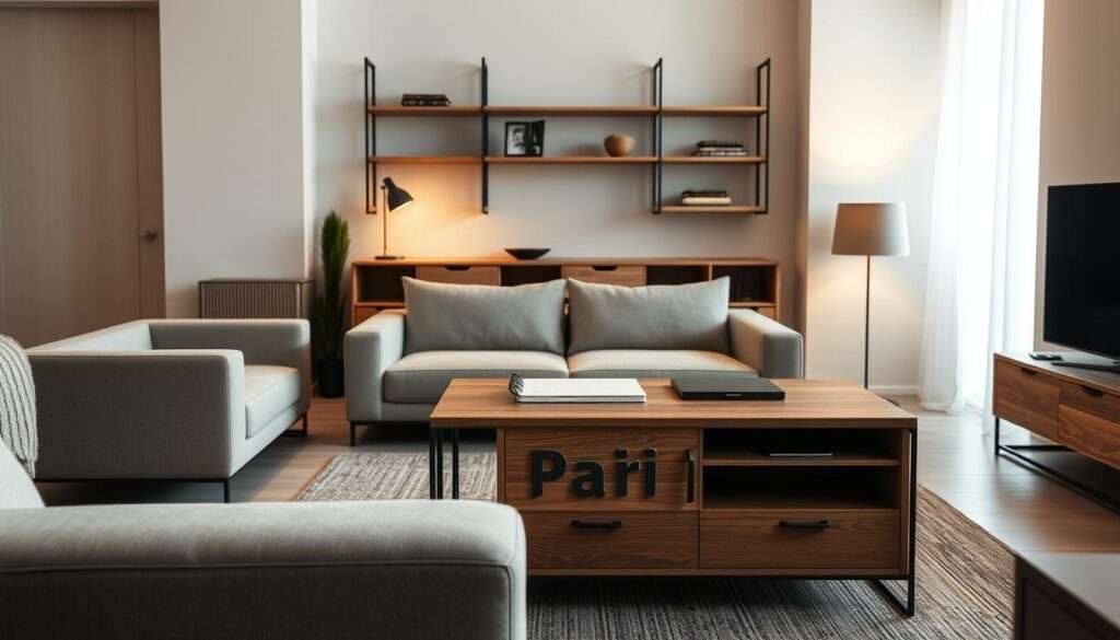 A cozy living room with a multi-functional furniture setup designed for small spaces. In the foreground, a sleek, modular sofa with built-in storage and side tables that can be rearranged to suit the space. In the middle ground, a minimalist coffee table with hidden compartments, doubling as a workspace. The background features a wall-mounted shelving unit with adjustable shelves, allowing for customizable display and storage. The room is bathed in warm, diffused lighting, creating a inviting, uncluttered atmosphere. The furniture is crafted from natural materials like wood and brushed metal, complementing the minimalist aesthetic. Overall, the scene conveys a sense of thoughtful design and efficient use of limited space.