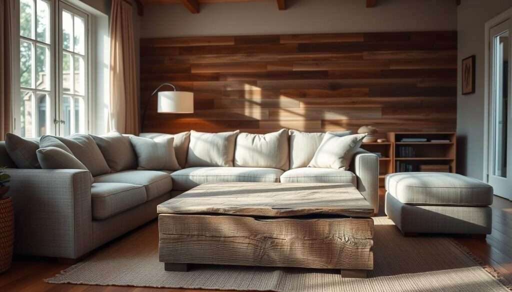 A cozy living room with a plush linen sectional sofa and a rustic wood coffee table. The sectional has soft, textured linen upholstery in a neutral tone, creating a warm and inviting ambiance. The coffee table is crafted from weathered, distressed wood, adding a touch of rustic charm. Soft lighting from a nearby floor lamp casts a gentle glow, accentuating the natural textures and materials. The scene is framed by a large window, allowing natural light to fill the space and create a serene, harmonious atmosphere. The overall composition blends the modern and the rustic, reflecting a cohesive, character-filled living room design.