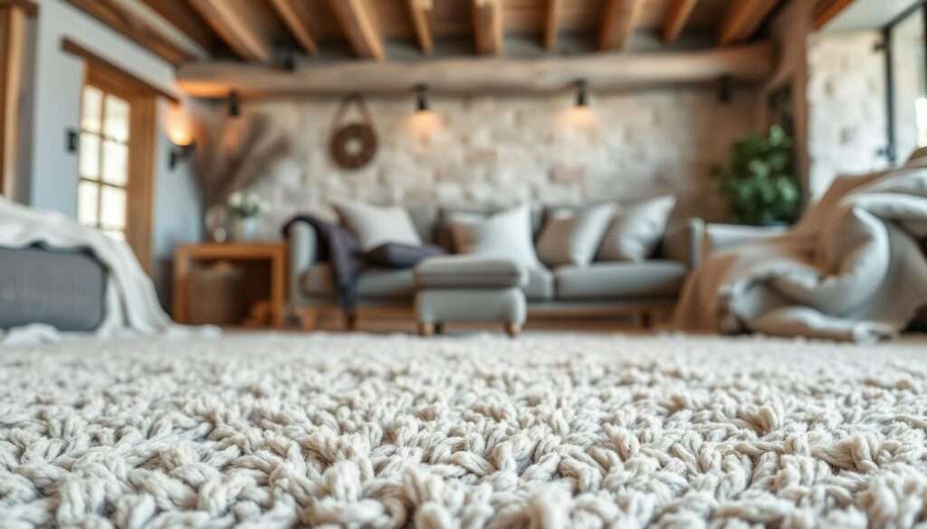 A cozy living room with a plush textured area rug in the foreground, its intricate patterns and soft fibers inviting touch. In the middle ground, throws and pillows in neutral tones and natural materials like wool and linen create a layered, welcoming atmosphere. The background features exposed beams, warm lighting, and a hint of a textured wall, evoking a rustic, cabin-like ambiance. The overall scene exudes a sense of comfort and coziness, perfect for cuddling up with a good book or entertaining guests.