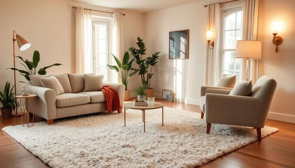 A cozy living room with a plush, textured rug anchoring the space. Soft, inviting sofas in a neutral bouclé fabric, accompanied by knit throw pillows and a linen armchair. Warm lighting from a brass floor lamp and sconces casts a gentle glow, creating a serene and intimate atmosphere. Tall houseplants in the corners add pops of greenery, and the large window allows natural light to filter in, illuminating the layered textures throughout. Subtle, earthy tones harmonize to craft a welcoming, cocoon-like ambiance.