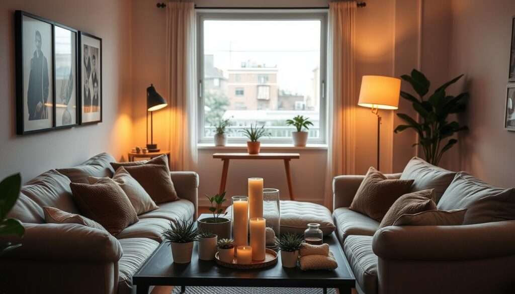 A cozy living room with a small footprint, bathed in warm, soft lighting that casts a gentle glow. In the foreground, a plush, deep-seated sofa with oversized cushions invites relaxation. Decorative throw pillows in earthy tones and textures add layers of comfort. On the coffee table, a collection of potted plants and a minimalist candle display create a natural, serene ambiance. The middle ground features a simple, mid-century inspired side table and a statement floor lamp that illuminate the space. In the background, a large window allows natural light to filter in, revealing a glimpse of a cozy urban scene outside. The overall mood is one of intimate, budget-friendly elegance that maximizes the potential of a small living area.