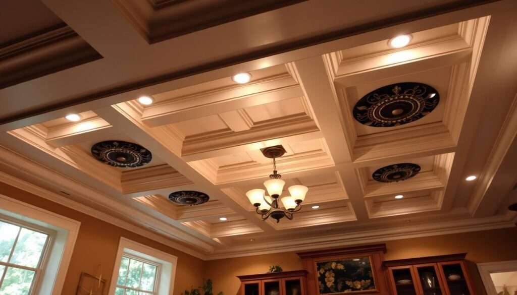 A cozy living room with a warm, inviting ceiling. Elegant crown molding frames the space, casting gentle shadows that create depth and texture. Recessed lighting casts a soft glow, illuminating the intricate patterns of the coffered ceiling. Ornate ceiling medallions add a touch of vintage charm, complementing the plush furnishings and natural wood accents below. The overall atmosphere is one of refined comfort, a space where relaxation and conversation can thrive.