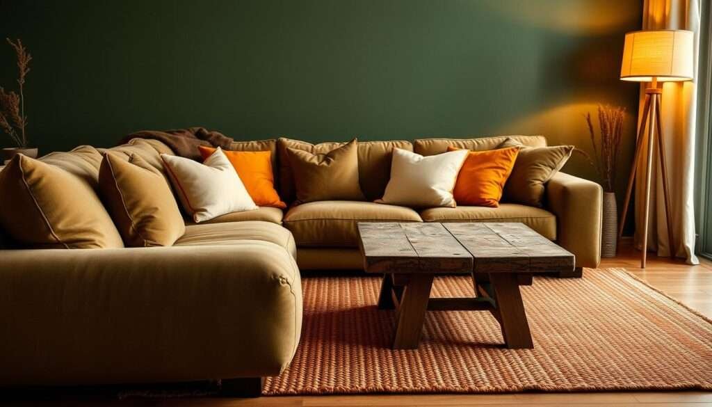 A cozy living room with a warm, inviting palette of earthy tones and natural textures. In the foreground, a plush, oversized sofa in a rich, muted olive green is complemented by a woven area rug in shades of terracotta and ochre. Accent pillows in soft, muted mustard and terracotta tones add pops of color. In the middle ground, a rustic, wooden coffee table with a worn, weathered finish sits atop the rug. The background features a feature wall in a deep, moody green, lending a sense of coziness and depth to the space. Ambient lighting from a floor lamp with a linen shade casts a warm, golden glow, creating a cozy, inviting atmosphere.